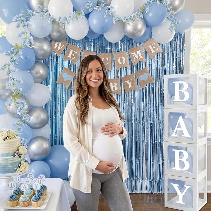 Gemscream 133 Pcs Baby Boy Shower Decorations Set, Burlap Banner, White Baby Boy Boxes, Light Blue Foil Curtains, Blue & White Garland, "Mom to Be" Sash & Balloon Arch Kit Gender Reveal Party Supplies