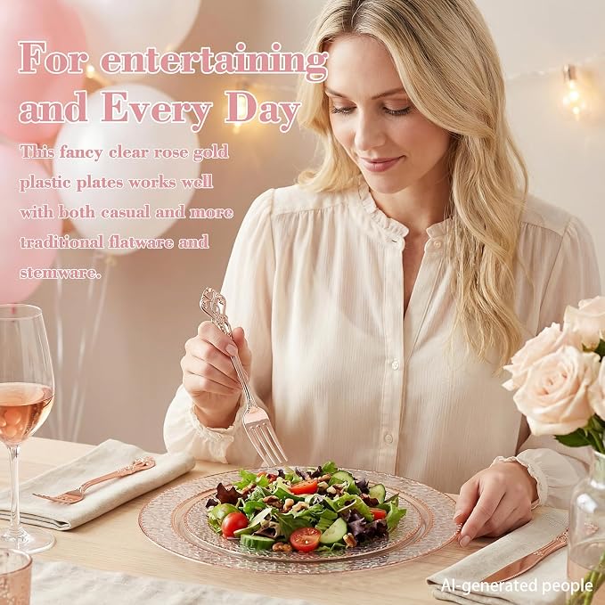 102PCS Rose Gold Plastic Plates - Clear Rose Gold Disposable Plates - Elegant Hammered Plate Include 51PCS 7.5inch Dessert & 51PCS 10.25inch Dinner Plate for Wedding Party