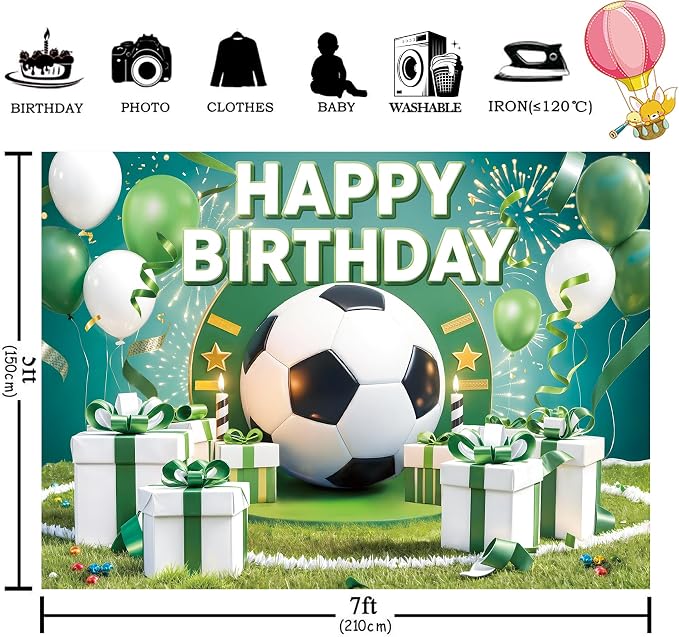 Football Birthday Backdrop 7Wx5H Feet Polyester Fabric Boys Kids Sports Theme Soccer Field Balloon Gifts Decoration Green Stadium for Adults Teens Photography Background Photo Shoot Props