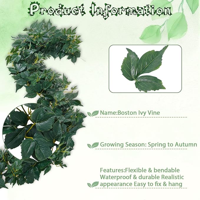 ucky Fake Vines, Eucalyptu Vines Garland, Ivy Vines, Green Artificial Wall Decor Hanging, Wedding Decoration，Flower Bouquet Decoration (2, Boston Vines)