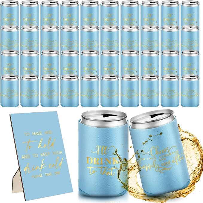 SiliFine 101 Pcs Blue Wedding Can Cooler Bulk Engagement Party Favors for 100 Guests Cheers to Love Laughter, and I'll Drink Can Cooler with Wooden Wedding Table Sign Bridal Shower Favor