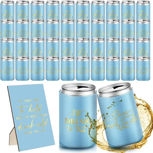 SiliFine 101 Pcs Blue Wedding Can Cooler Bulk Engagement Party Favors for 100 Guests Cheers to Love Laughter, and I'll Drink Can Cooler with Wooden Wedding Table Sign Bridal Shower Favor
