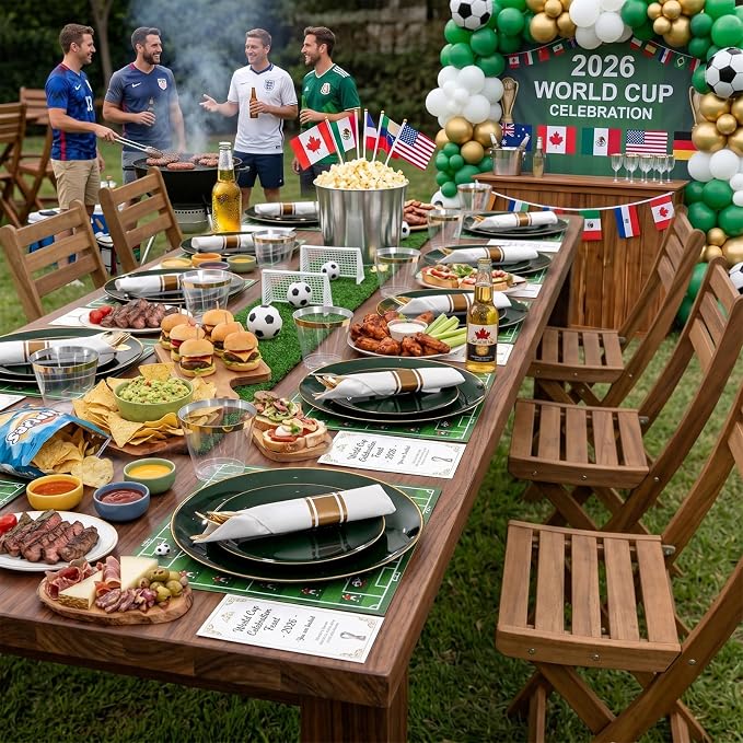 KIRE 175PCS Green Plastic Plates with Gold Rim - Heavy Duty Green Plates Disposable Include 50 Fancy Plastic Plate, 25Pre Rolled Napkins 25 Cups For Party/Wedding/Spring/2026 FIFA World Cup