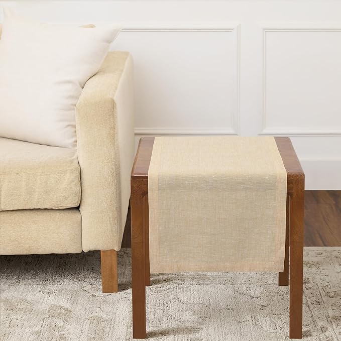 Solino Home Linen Short Table Runner 36 Inches - Athena, 100% Pure Linen Champagne Beige Table Runner 14 x 36 Inch Ideal for Dresser and Coffee Tables - Spring, Summer, Mothers Day