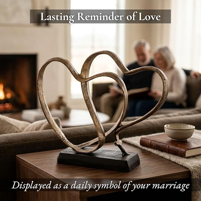 DCAPILLA Wedding Anniversary Couples Gift - Two Hearts and Cross Iron Sculpture, Heart Decoration Gift for Her and Him, 1st to 50th or 60th Anniversary, Includes Present Box and Poem Card