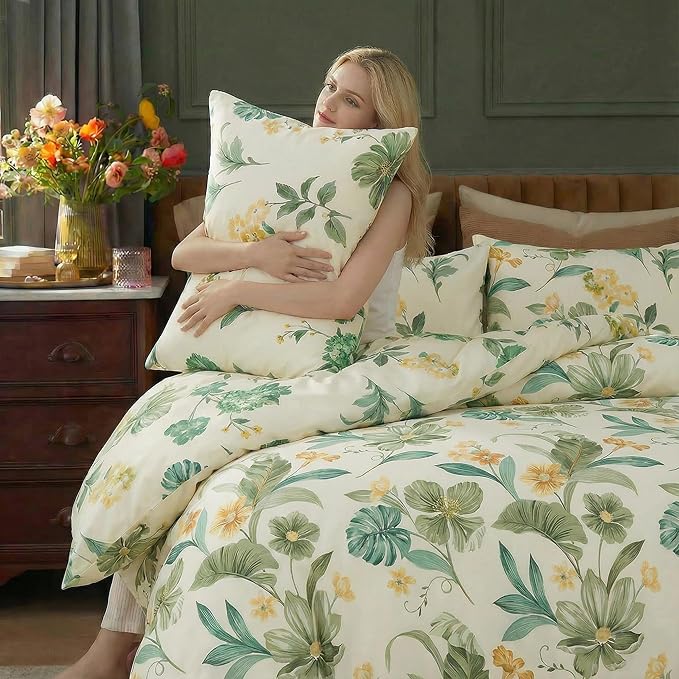 Bedding_Dreamer Green Floral Comforter Set Queen 100% Cotton Comforter Garden Style Bedding Flower Leaf Botanical Bed Chic Boho Home Decor