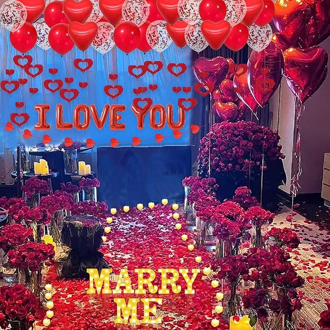 Marry Me Light Up Letters Proposal Decorations, 7Pcs 8.5" Marry Me Sign, 24Pcs Flameless Candles 2000Pcs Red Fake Rose Petals 8Pcs I Love You Letter Balloons 55Pcs Latex Heart Balloon Valentine's Day