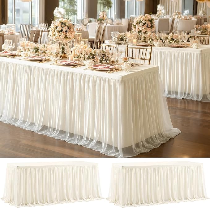 2 Pack Ivory Tablecloths for 6 Foot Rectangle Tables with Tulle Table Skirt Wedding Table Cover Stretchy Fitted Ruffle Tutu Tablecloth for Baby Shower Reception Birthday Parties Celebration Banquet