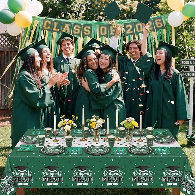 Funnymoom 452 Pcs Class of 2026 Green Graduation Party Decoration for 50, Green and Black Graduation Paper Plates Napkins Cups Tablecloth Cutlery Straws for College School Congrats Grad Party Supplies