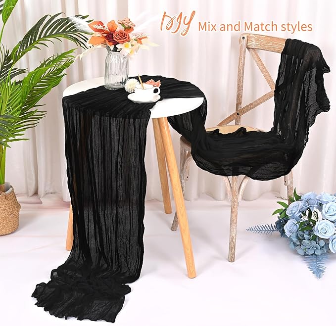 8 Pack Black Cheesecloth Table Runner 120 Inch 10FT Spring Boho Rustic Sheer Gauze Cheese Cloth Table Runner for Wedding Baby Shower Birthday Party Table Decor