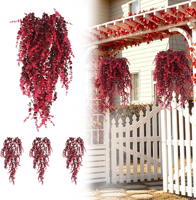 RECUTMS 3Pcs Artificial Fall Hanging Money Plants 31.5" for Indoor Outdoor | UV Resistant,Wine Red Hanging Artificial Plants,Fall Fake Vine for Autumn Home Garden Patio Front Porch Wedding Party Decor