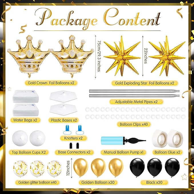 2 Sets Black and Gold Balloon Column Stand Kit with 2 Crown Foil Balloons Black and Gold Arch Garland Tower Stand with Bases for Floor for Prom Men Him Birthday Wedding Party Decorations