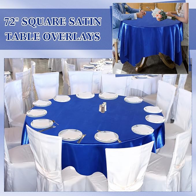 Newwiee 12 Pcs 72 Inch Satin Tablecloth Square Overlay Smooth Fabric Tablecloth Satin Table Cover Fabric Decoration Dining Cloths for Party Wedding Banquet Table Decoration(Royal Blue)