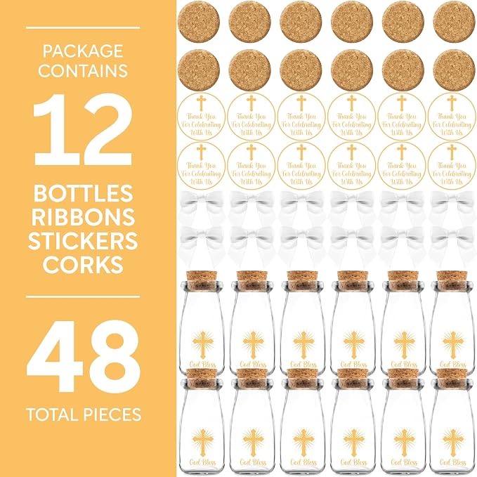 Ethisa Vintage 12 Pack Baptism Glass Bottles with Ribbons and Stickers - Classy God Bless Party Favors for Baptism and 1st Communion - Bautizo Table Centerpiece Decoration - Baby Christening Candy Jar