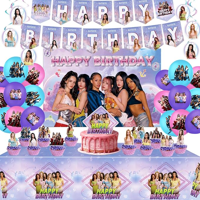 KATSEYE Birthday Decorations, Party Supplies Set Include Banner, Backdrop, Balloons, Hanging Swirls, Cake Cupcake Toppers, Tablecloth for Girls Fans KATSEYE Theme Party