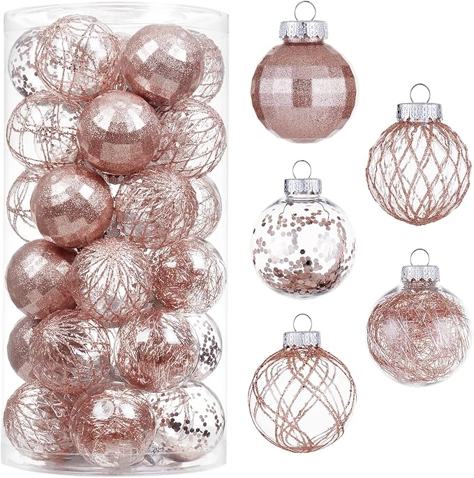 CristBest 30ct Christmas Ball Ornaments-60mm/2.36" Shatterproof Clear Plastic Xmas Balls Baubles Set with Stuffed Delicate Sparkling, Hanging Christmas Tree Decorations(Rose Gold)
