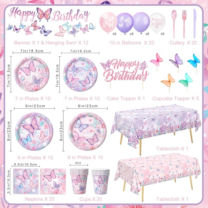 Butterfly Birthday Decorations, Girls Birthday Supplies - Plates, Napkins, Cups, Cutlery, Cake & Cupcake Toppers, Banner, Hanging Swirls, Tablecloth, Balloons for Butterfly Party Decorations, Serve 20