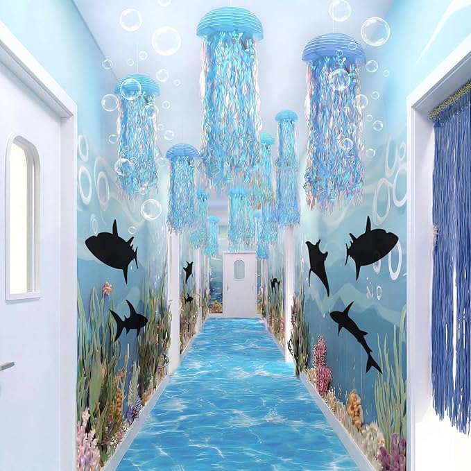 VioraWhite 10 Pcs Ocean Theme Party Classroom Decorations 6 Black Fish Fabric Backdrops 1 Blue Wave Rug 3 Jellyfish Hanging Top Decor Sea Birthday Party Decorations for Summer Beach Classroom