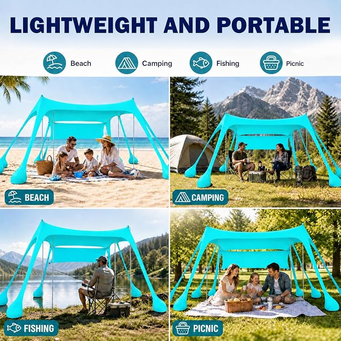 Large Beach Tent Sun Shelter with Sidewall, UPF80+ UV Protection Beach Tents Shade Canopy with 8 Sandbags, 4 Stability Poles for Sand, Camping, Fishing, Outdoor Tent Sun Shelters (11x11ft, Turquoise)