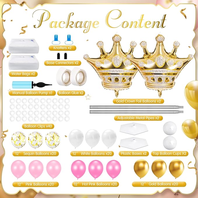 Kasyat 2 Sets Princess Party Balloon Column Stand Kit with 2 Crown Foil Balloons 100 Latex Balloons, Adjustable Stands Pink and Gold Balloon Stand Kit for Baby Shower Birthday Party Supplies
