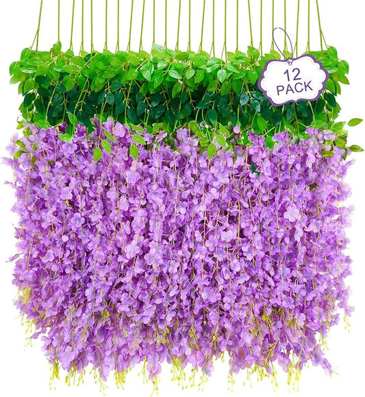 12Pcs Artificial Wisteria Hanging Flowers, 3.6Ft/Pcs Purple Fake Wisteria Garland for Wedding Party Home Garden Indoor Outdoor Decoration