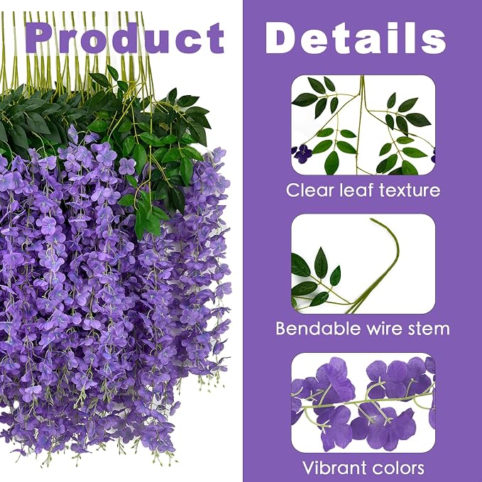 BIRDDIE 48 Pcs of Artificial Wisteria Hanging Flowers, 3.75 Feet Fake Wisteria Flower Strings for Backdrop, Wedding, Ceremony,Garden and Home Wall Decoration (Light Purple)