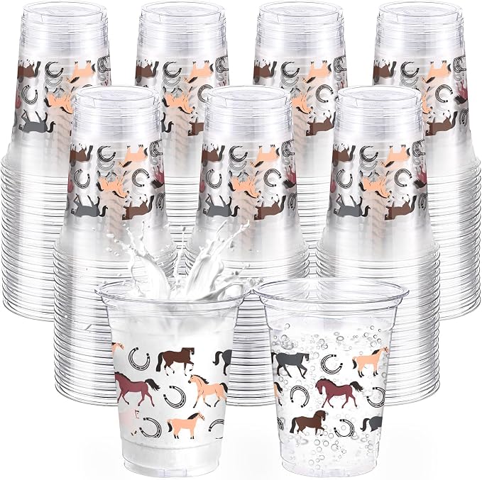 Funnymoom 60 Pack Western Horse Cups 12 oz Horse Racing Theme Disposable Clear Plastic Drinking Cups Bulk for Western Cowboy First Rodeo Farm Themed Birthday Baby Shower Party Decorations Supplies