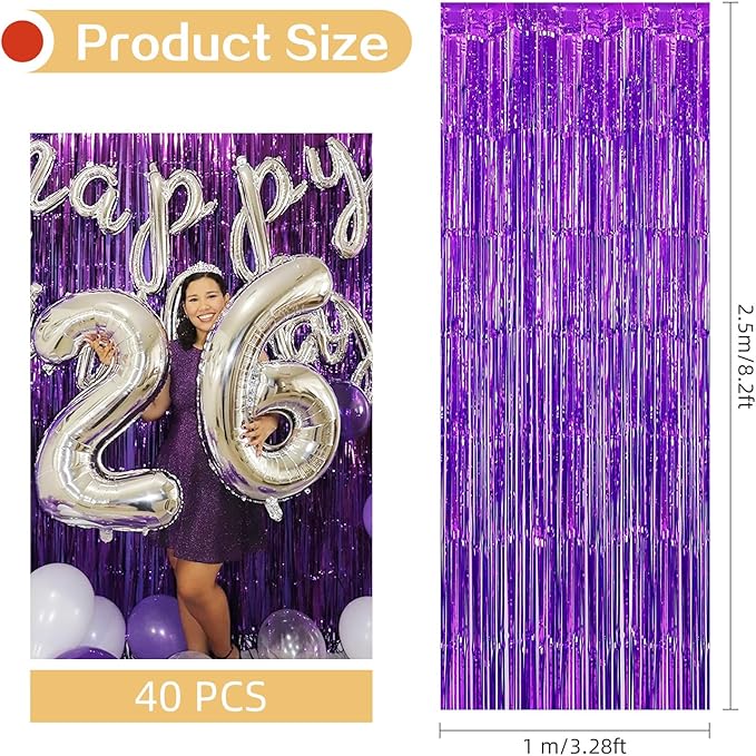40 Pack Purple Foil Curtain Backdrop Metallic Tinsel Foil Fringe Curtains Photo Booth Props for Birthday Party Decoration Christmas Holiday Halloween New Year Party Supply, Purple