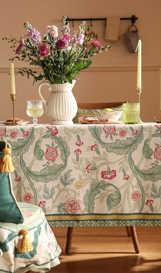 patdrea Vintage French Linen Tablecloth,Rectangular,79"x55"-Cecilia A | Colorful Elegant Table Cloth for Rectangle Table,Floral Vine Patterned,for Dining Room Tea Party Thanksgiving