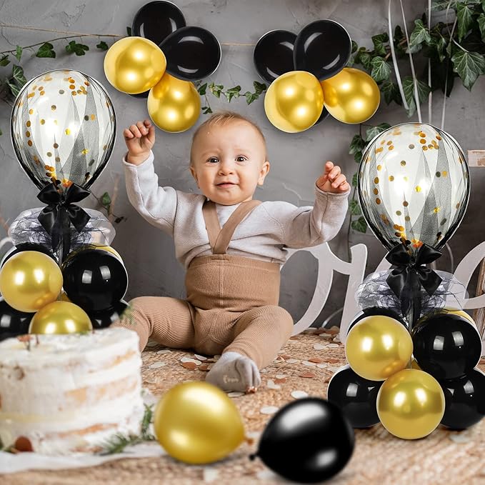 BBTO 8 Set Gold Black Table Centerpieces Balloons Stand Kit, Latex Balloons and Table Stand Holder with Base Tulle for Wedding Birthday Grad Prom Centerpieces Party Back to School Baby Shower