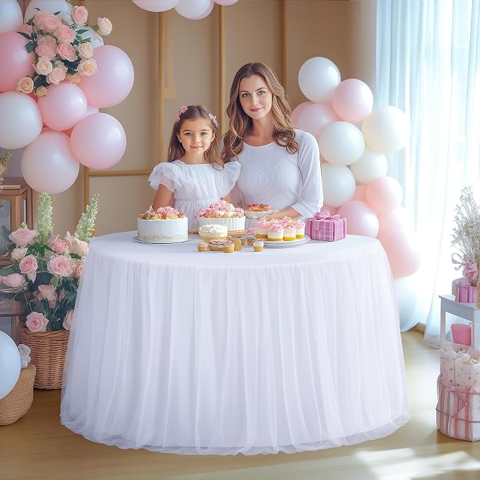 White Round Tablecloth 72 inch Stretchy Elastic Fitted Round Table Cloth Round Cover 132 inch, White Round Tulle Table Cloth with Skirt Wedding Birthday Party Cake Banquet Tables Decoration