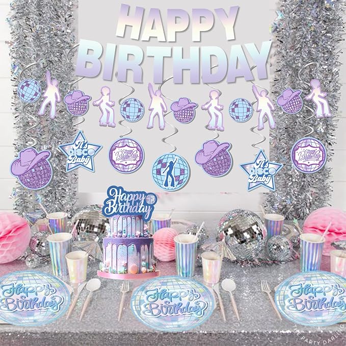 Iridescent disco Birthday Party Decorations - (Total 110pcs) happy birthday Banner, party supplies for her, balloons,disco Decor for 13th 16th 18th 21st 30th 40th 50th
