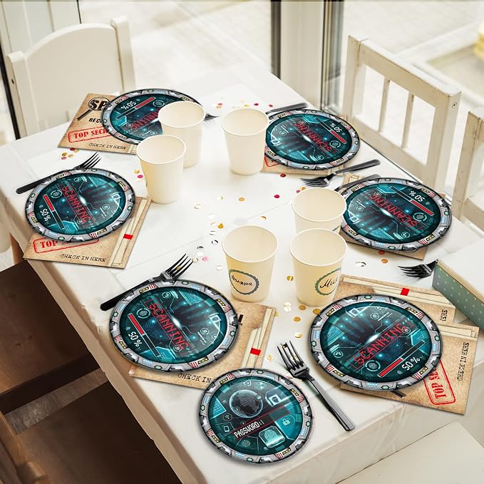chiazllta 96 Pcs Secret Agent Birthday Party Paper Plate and Napkin Top Secret Spy Detective Plates Napkins, and Forks Party Set Escape Room Tableware Kit for Party Favors 24 Guests