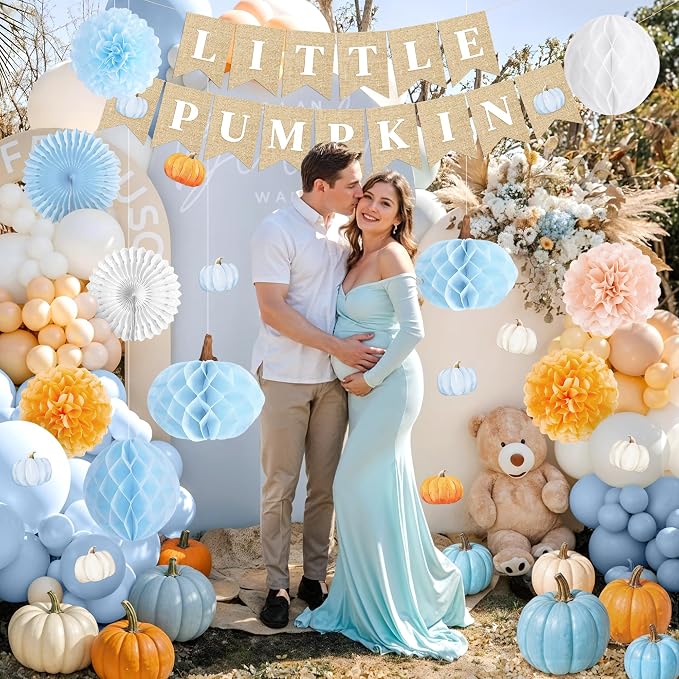 Kriyokiaa Little Pumpkin Baby Shower Decorations for Boy 14 Pcs Blue Fall Baby Shower Decorations with Little Pumpkin Banner, Tissue Pom-Poms, Paper Fan for It's a Boy Party