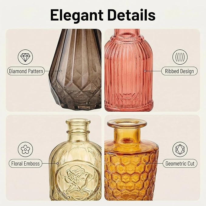 32 PCS Assorted Vintage Bud Vases, Colorful Glass Small Vases Bulk, for Centerpieces, Wedding Table Decor, Home Decorations & Gifts (Amber Series)