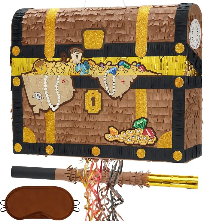 WERNNSAI Treasure Chest Piñata - Pull String Pirate Themed Piñata with Blindfold and Bat Adventure Birthday Party Decoration for Boys Kids Family Games Piñata Adventure Theme Party Supplies