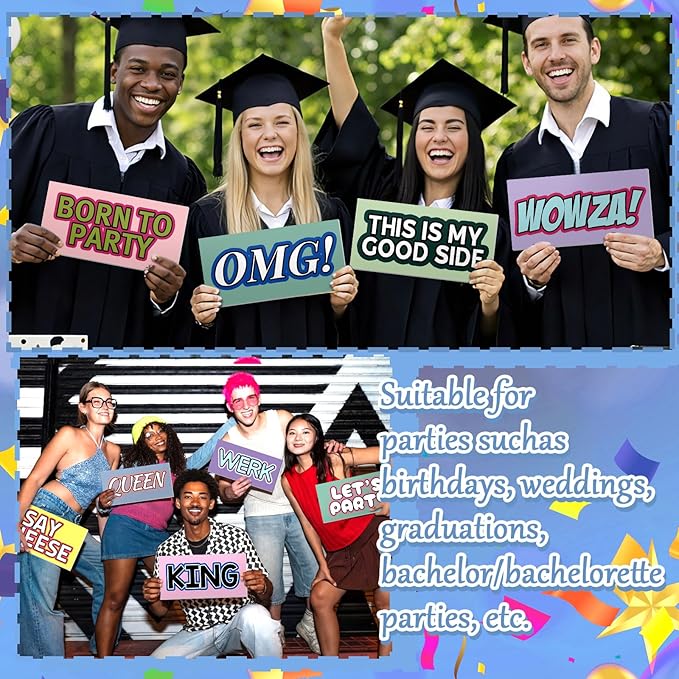 AceOrbit 64 Designs Funny Photo Booth Prop for All Occasion Double Sided 11x5.5'' Photobooth Props Sign Decor DIY Waterproof Selfie Sign for Wedding Graduate Birthday Party Supplies(Funny Style)