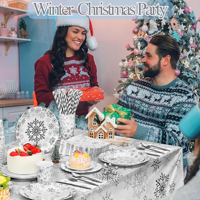 Funnymoom 452 Pcs Winter Snowflake Party Supplies, Silver Snowflake Paper Plates and Napkins Cups Tablecloth Cutlery Straws for 50 Guests Winter Birthday Wonderland Party Decoration
