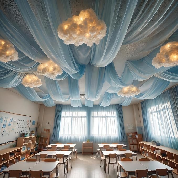 VioraWhite 15 Pcs Blue Sky White Cloud Ceiling Decor, 8 Pcs 60x12 ft Blue Sky Backdrop, 6 Artificial Cloud 3D Cotton for DIY Classroom Hanging Ornament Birthday Wedding Nursery Room with Light String