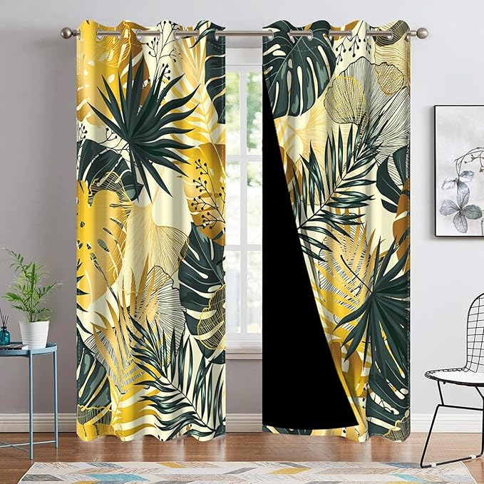 Green and Gold Leaves Blackout Curtains Tropical Jungle Plants Gold Palm Leaf Window Curtains for Bedroom Living Room Home Decor Palm Leaves Botanical Decorative Drapes,53x72 inch,2 Panels