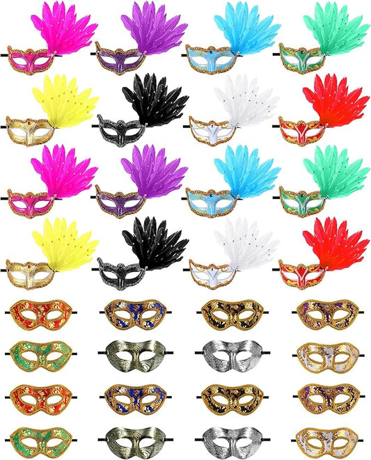 Sratte Mardi Gras Couple Masquerade Mask with Feather Flower Unisex Half Face Venetian Mask for Carnival Parade Valentine