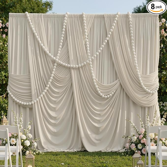 40ftx10ft Wrinkle Free Beige Backdrop Curtains for Parties, 8 Panels 5x10ft Silky Polyester Photo Backdrop Drapes Back Drop Cloth Drapery for Wedding Birthday Photography Background