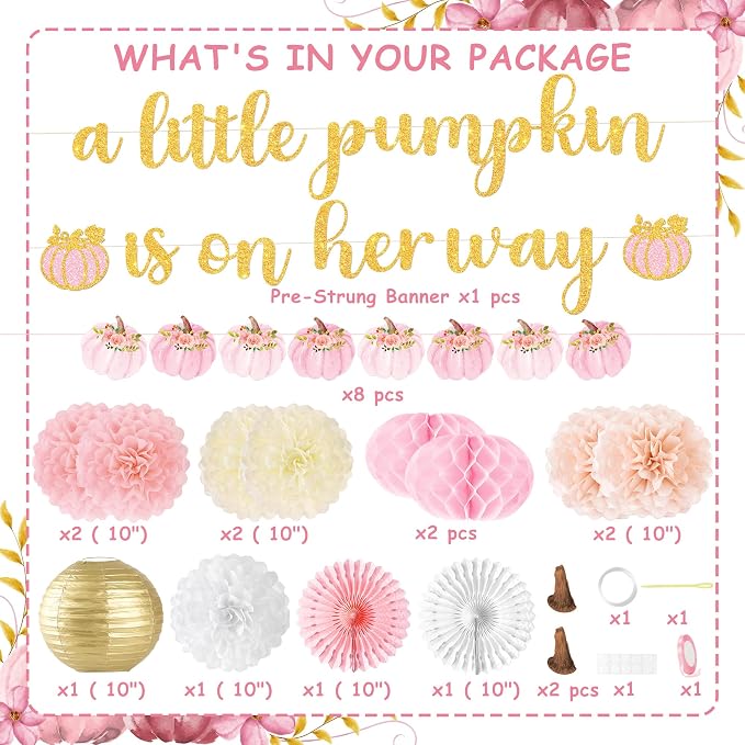 Kriyokiaa Little Pumpkin Baby Shower Decorations for Girl 15 Pcs Pink Fall Baby Shower Decorations with A Little Pumpkin is On Her Way Banner, Tissue Pom-Poms, Paper Lantern for It's a Girl Party
