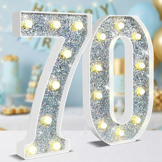 12.6 Inch LED Silver Marquee Light Up Numbers, 70th Birthday Decorations Number Lights as Gifts for Women Men, Glitter Lighted Marquee Numbers for Silver Anniversary Party Table Decor, 70
