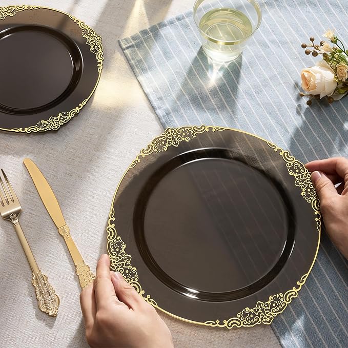 Goodluck 250 PCS Vintage Translucent Black & Gold Rim Plastic Plates with Cutlery Set - Serves 50 - Heavy Duty Elegant Disposable Dinnerware for New Years Eve, Halloween, Gatsby Party