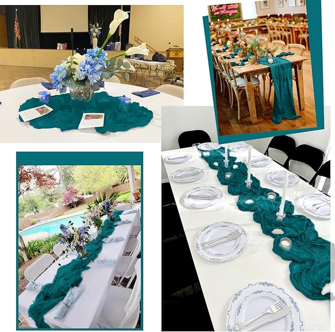 12 Pack Teal Table Runner 10Ft Cheesecloth Table Runner Rustic Gauze Table Runners Romantic Long Sheer Fabric Cheese Cloth Table Runners for Wedding Party Bridal Baby Shower