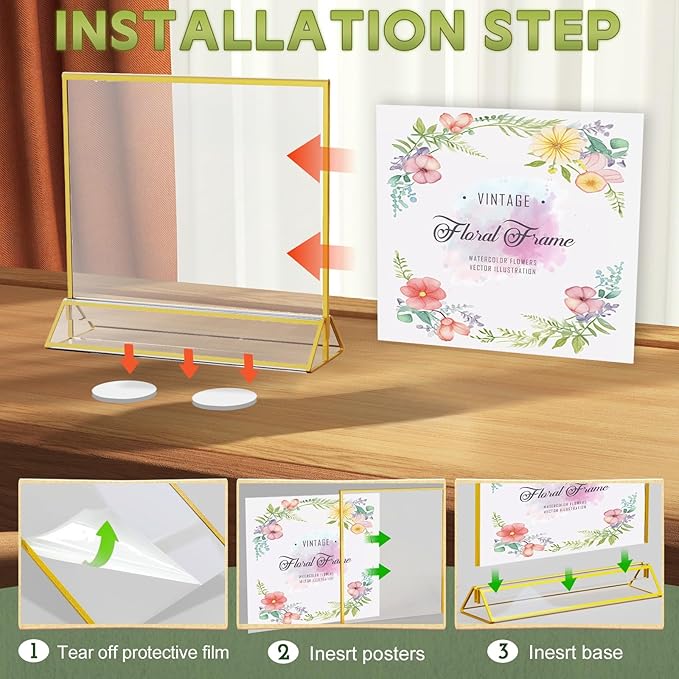 Acrylic Sign Holder 5X7 Horizontal Gold Frames Double-Sided Gold Picture Frames for Menu Holder Wedding Table Number Holder Christmas Photo Frame with Removable Sticky Dots -6 Pack