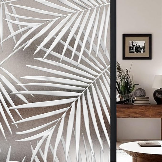 Faux 3D Frosted Tropical Window Privacy Film for Glass Door and Window, 16.93"x78.74" 3D-Palm Leaves