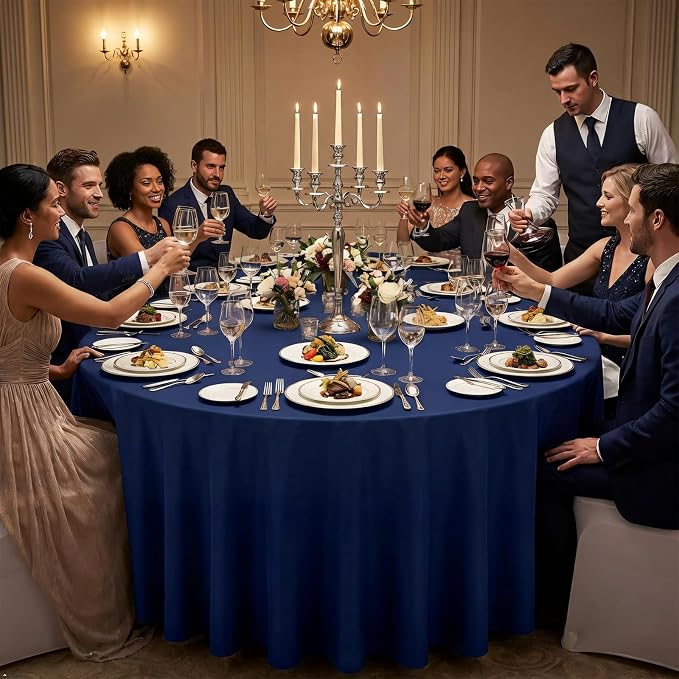 8 Pack Navy Blue Round Tablecloth 120 Inch Blue Table Cloth Stain and Wrinkle Resistant Round Navy Tablecloths Reusable and Washable Polyester Fabric for Buffet Wedding Party Banquet
