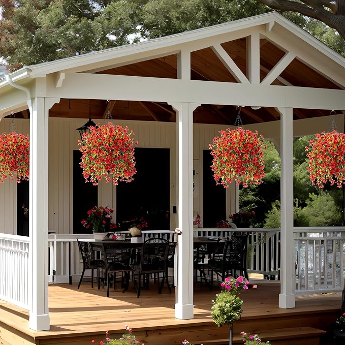 INXUGAO Artificial Hanging Flowers Plants with Basket for Outdoors, Realistic Faux Silk Daisy Flower Eucalyptus for Spring Decor, UV Resistant Fake Plants for Porch Patio Yard Balcony(Red Orange)